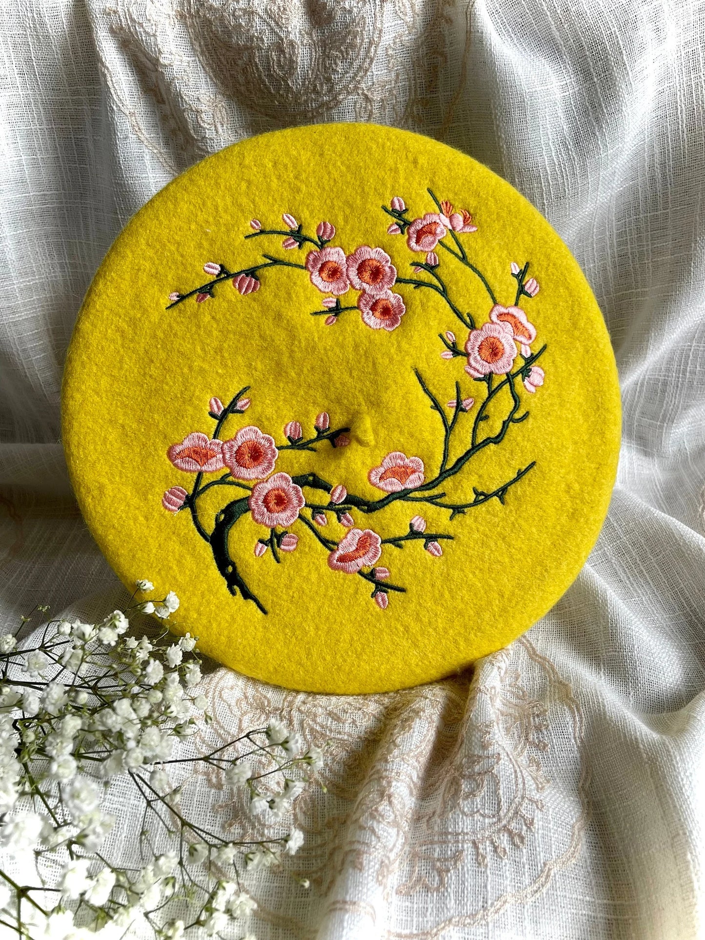 Floral Elegance Yellow Beret