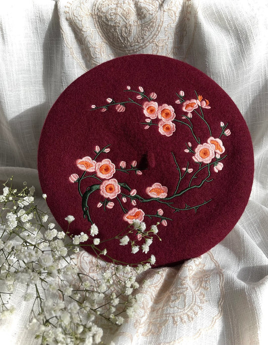 Floral Elegance Maroon Beret