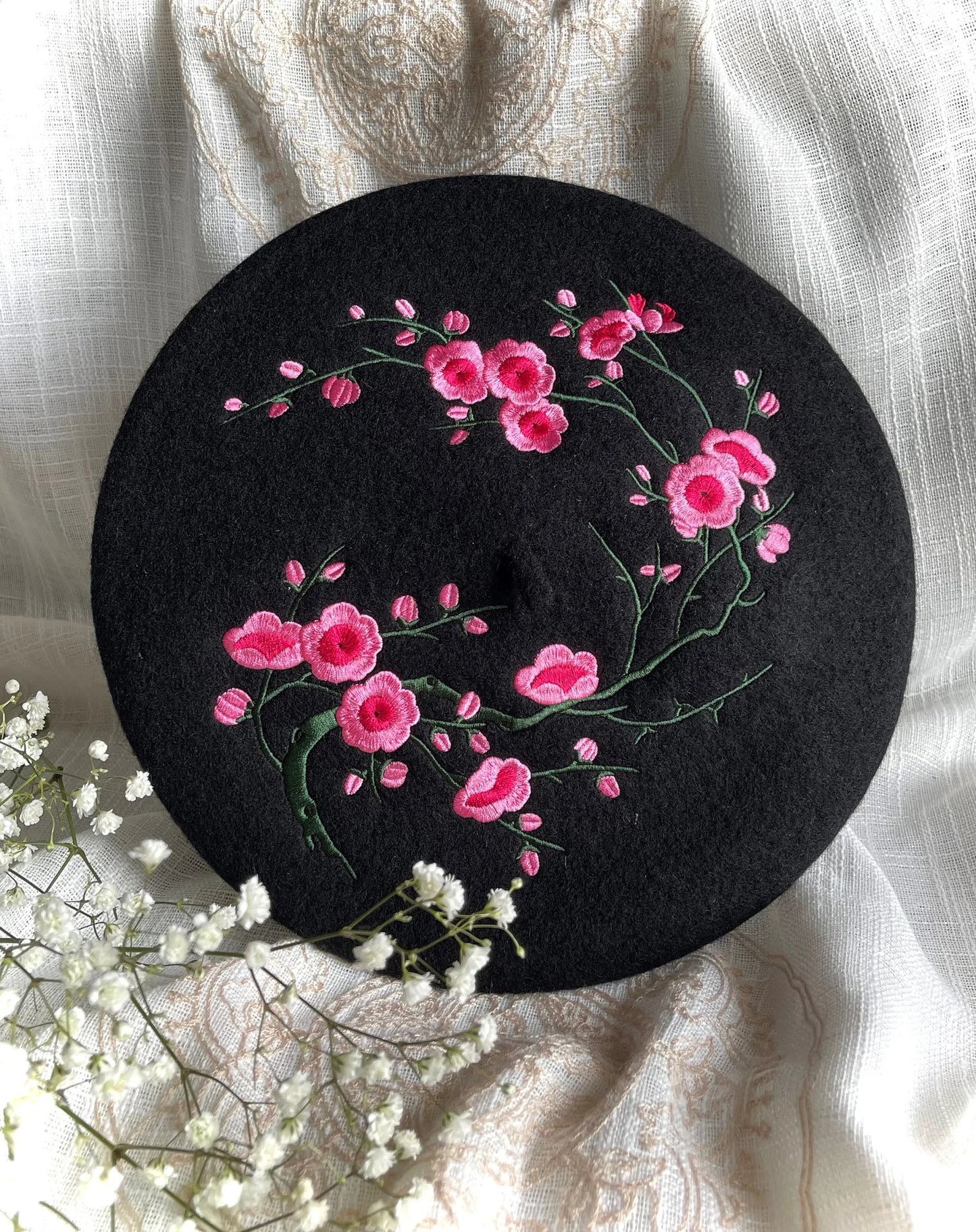 Floral Elegance Black Beret