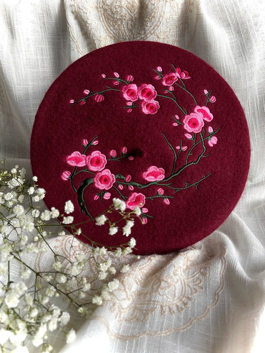 Floral Elegance Maroon Beret